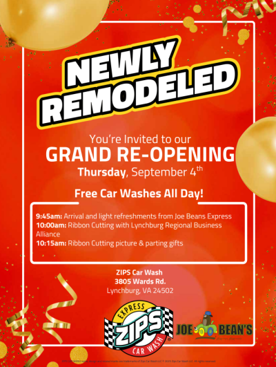 Invitation to newly remodeled ZIP Car Wash location in Lynchburg. See full article for details.