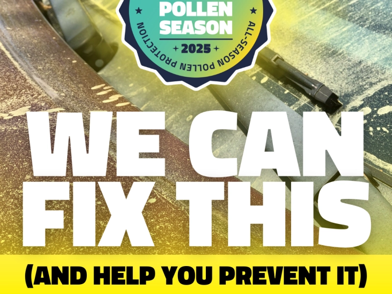 Pollen-covered car background for a headline that reads "We Can Fix This: Official Car Wash of Pollen Season 2025"