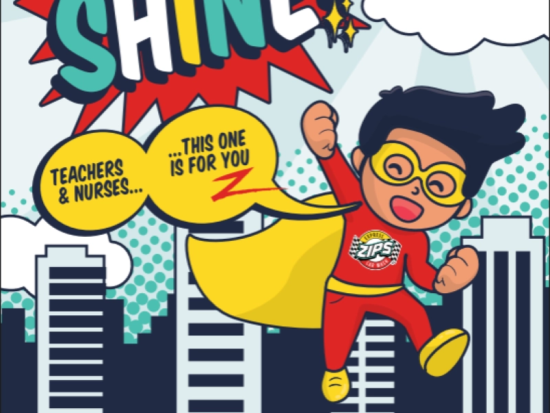 Cartoon superhero poster with an old advertisement for free Premier washes for teachers and nurses that reads "Local Heroes Deserve to SHINE! Teachers & Nurses... This On is For You"