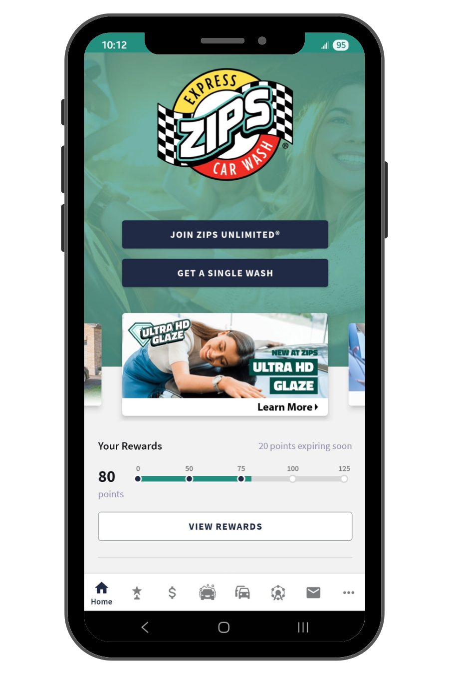 ZIPS Car Wash mobile app screenshot featuring rewards points and offers